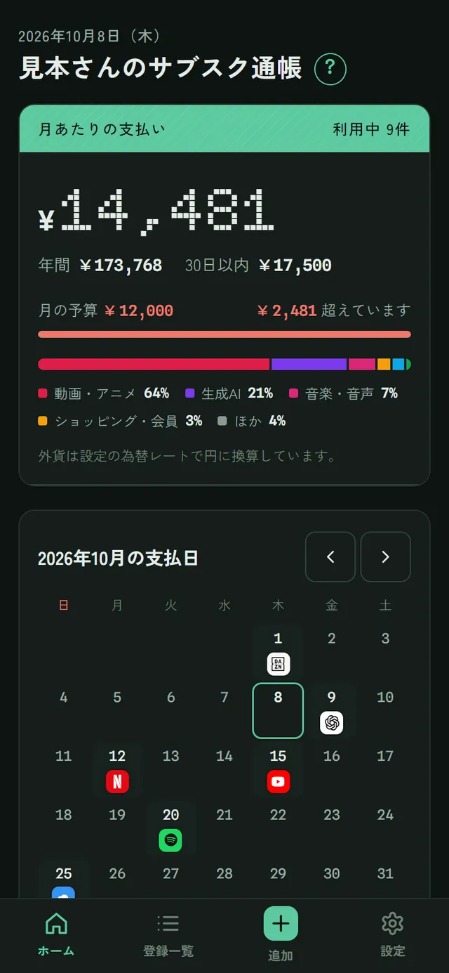 ダークの表示のホーム。深緑と黒の通帳に月あたりの支払い 14,481円
