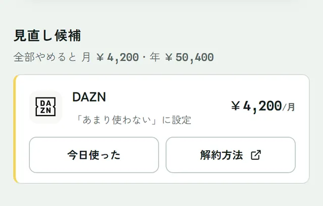 見直し候補。全部やめると月4,200円・年50,400円、DAZN「あまり使わない」に設定、今日使ったと解約方法のボタン